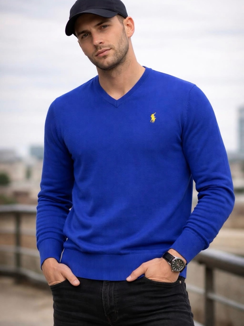 Vintage Polo Ralph Lauren Royal Blue Pima Cotton V-Neck Sweater Size‎ XL